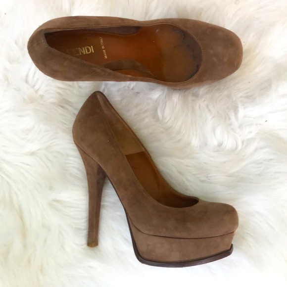 Fendi Authentic Brown Suede Platform Heels Sz 38 - Picture 4 of 12